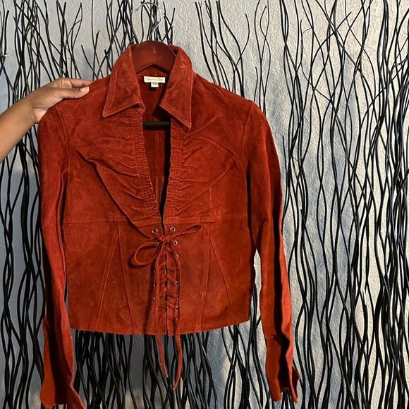 Charlotte Russe Womens Y2K Suede Genuine Leather Jacket Medium Rust Lace Front